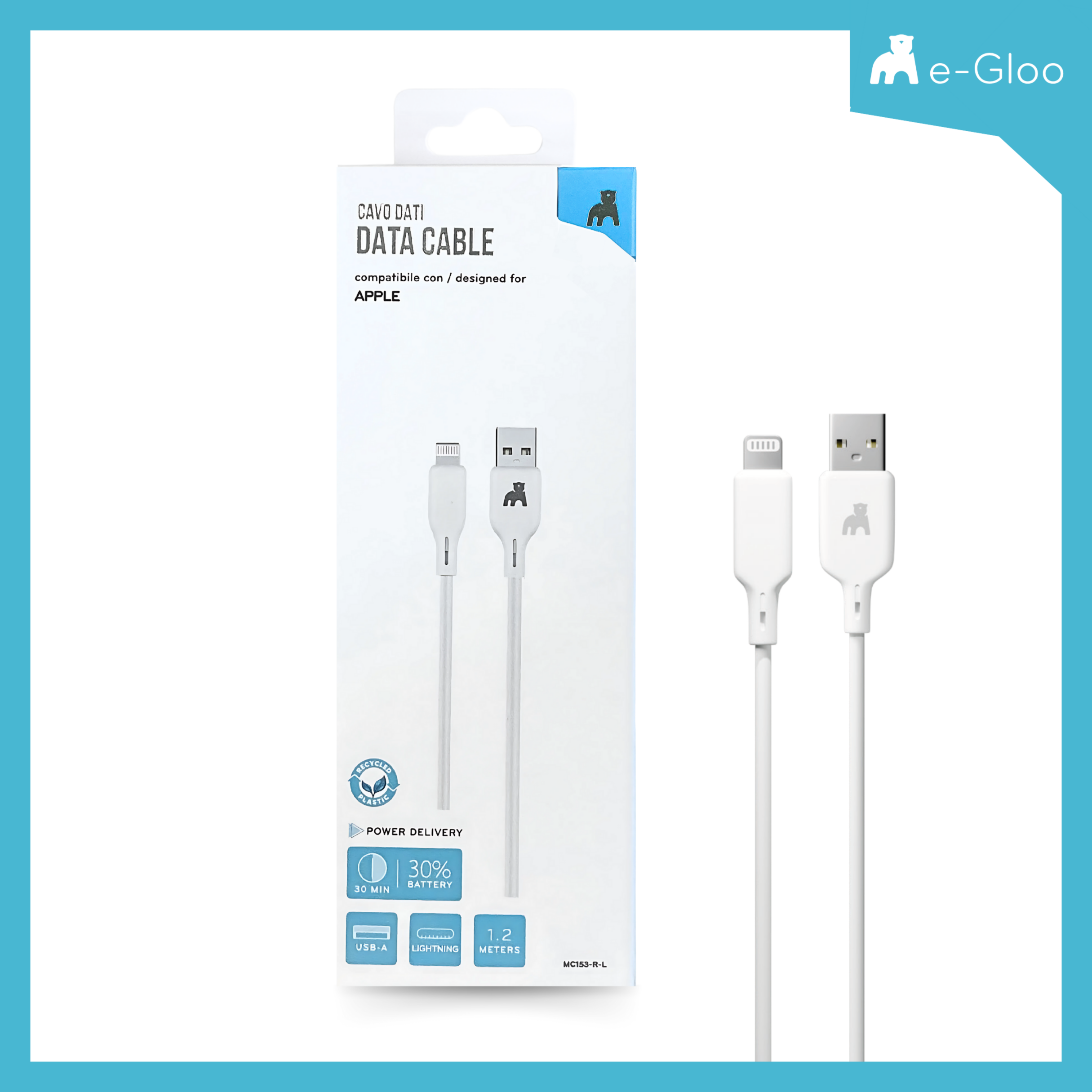 e-Gloo Cavo dati USB-A + Lightning 1.2 m WHITE
